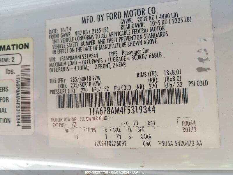 2015 FORD MUSTANG - 1FA6P8AM4F5319344 | SeoVin.biz