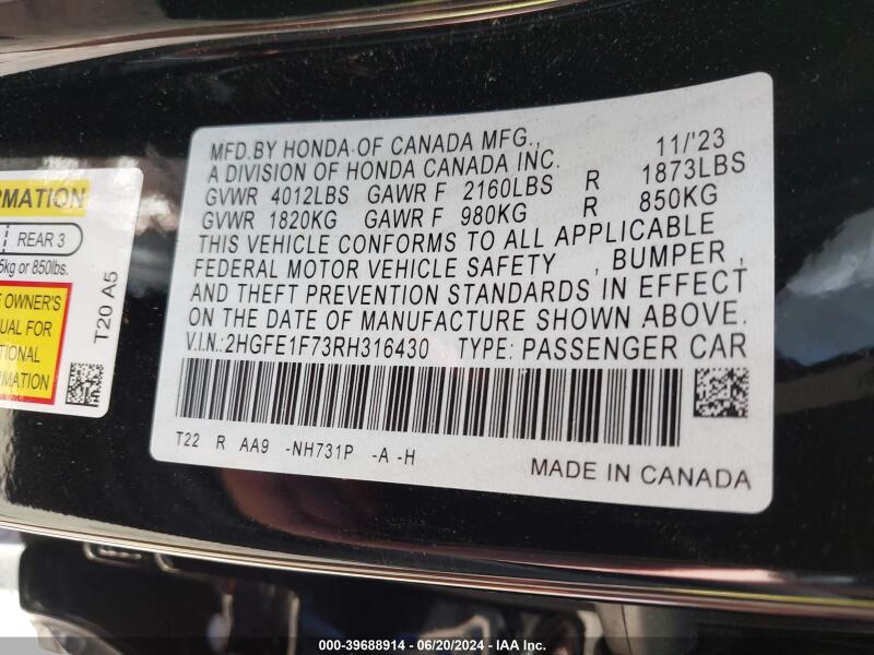 2024 HONDA CIVIC EX - 2HGFE1F73RH316430 | SeoVin.biz