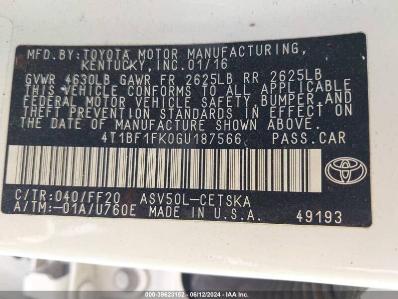 2016 TOYOTA CAMRY SE - 4T1BF1FK0GU187566 | SeoVin.biz