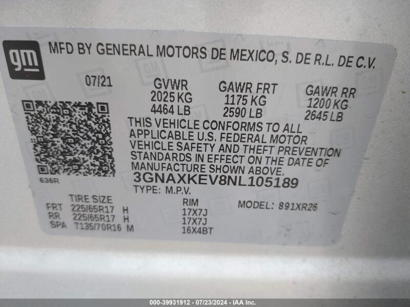 2022 CHEVROLET EQUINOX FWD LT - 3GNAXKEV8NL105189 | SeoVin.biz
