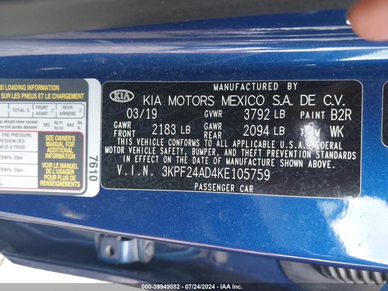 2019 KIA FORTE LXS - 3KPF24AD4KE105759 | SeoVin.biz