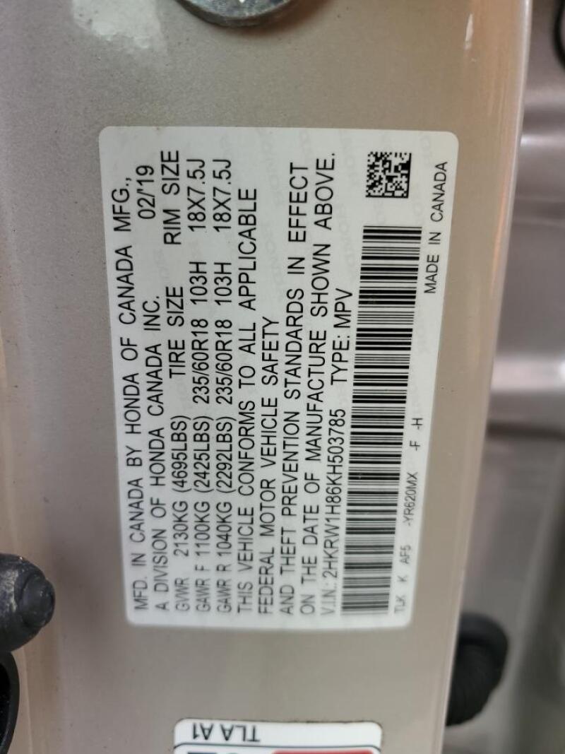 2019 HONDA CR-V EXL - 2HKRW1H86KH503785 | SeoVin.biz