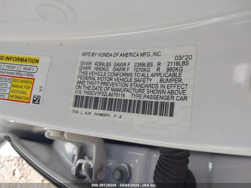 2020 HONDA ACCORD EX-L - 1HGCV1F52LA076116 | SeoVin.biz