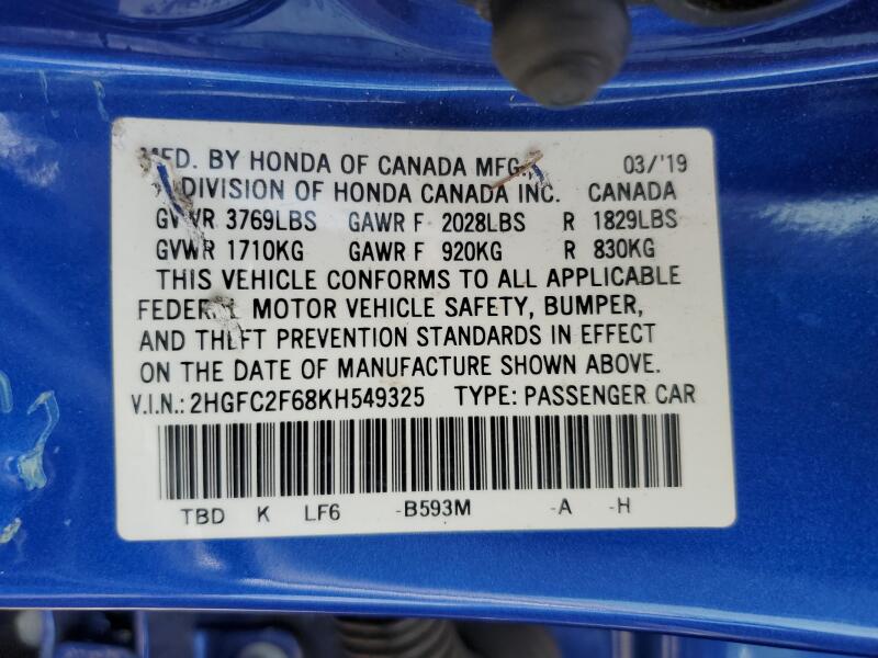 2019 HONDA CIVIC LX - 2HGFC2F68KH549325 | SeoVin.biz