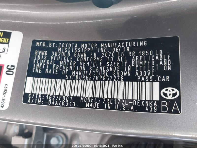 2019 TOYOTA COROLLA LE - 5YFBURHE7KP857278 | SeoVin.biz