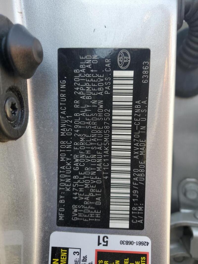 2021 TOYOTA CAMRY LE - 4T1C11AK5MU587502 | SeoVin.biz