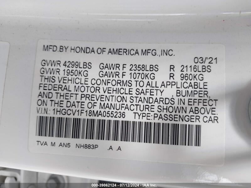 2021 HONDA ACCORD LX - 1HGCV1F18MA055236 | SeoVin.biz