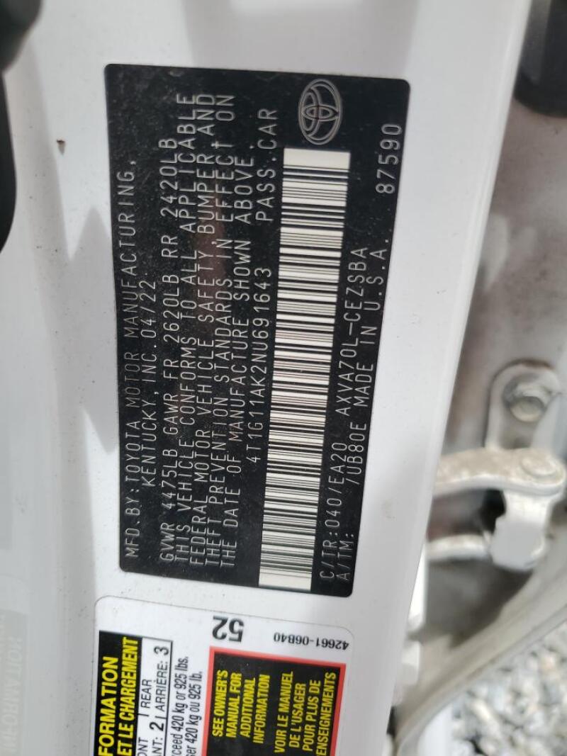 2022 TOYOTA CAMRY SE - 4T1G11AK2NU691643 | SeoVin.biz
