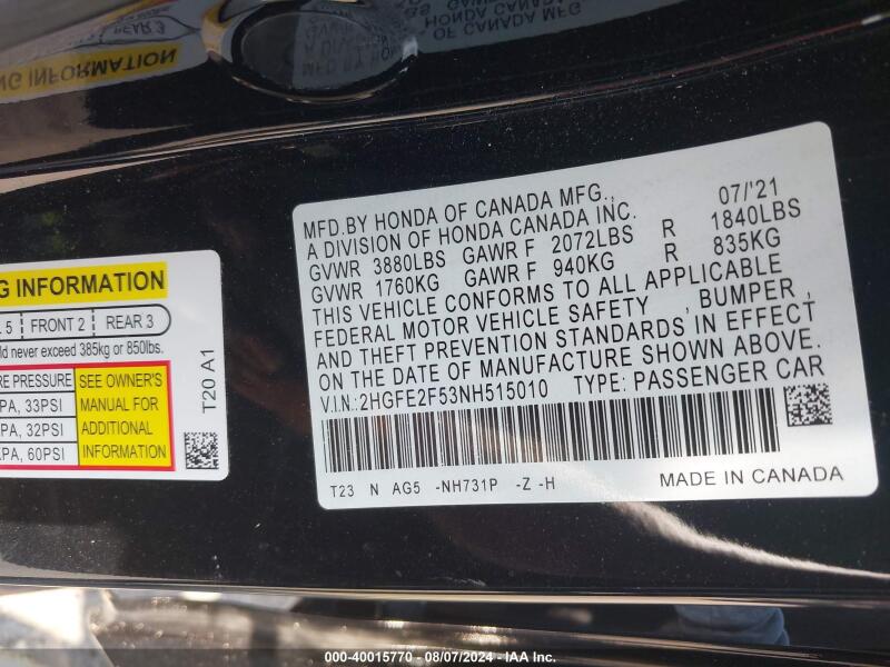 2022 HONDA CIVIC SPORT - 2HGFE2F53NH515010 | SeoVin.biz