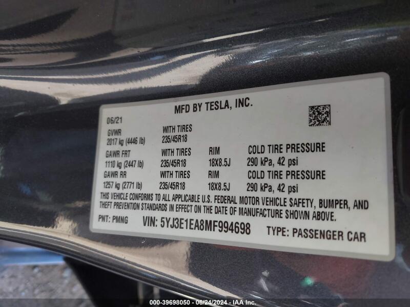 2021 TESLA MODEL 3 STANDARD RANGE PLUS REAR-WHEEL DRIVE - 5YJ3E1EA8MF994698 | SeoVin.biz