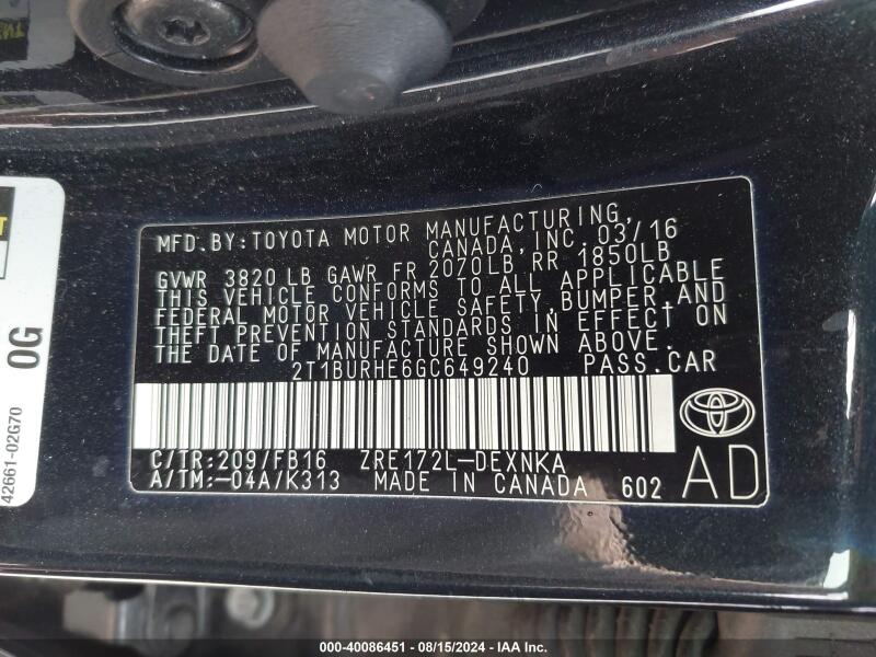 2016 TOYOTA COROLLA LE - 2T1BURHE6GC649240 | SeoVin.biz