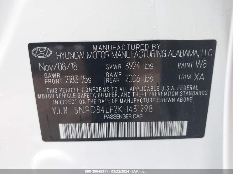 2019 HYUNDAI ELANTRA SEL - 5NPD84LF2KH431298 | SeoVin.biz