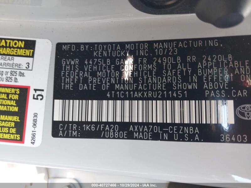 2024 TOYOTA CAMRY LE - 4T1C11AKXRU211451 | SeoVin.biz