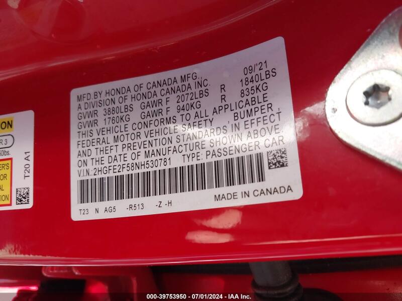 2022 HONDA CIVIC SPORT - 2HGFE2F58NH530781 | SeoVin.biz
