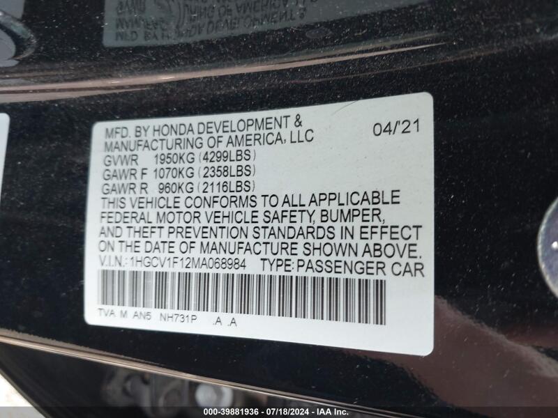 2021 HONDA ACCORD LX - 1HGCV1F12MA068984 | SeoVin.biz