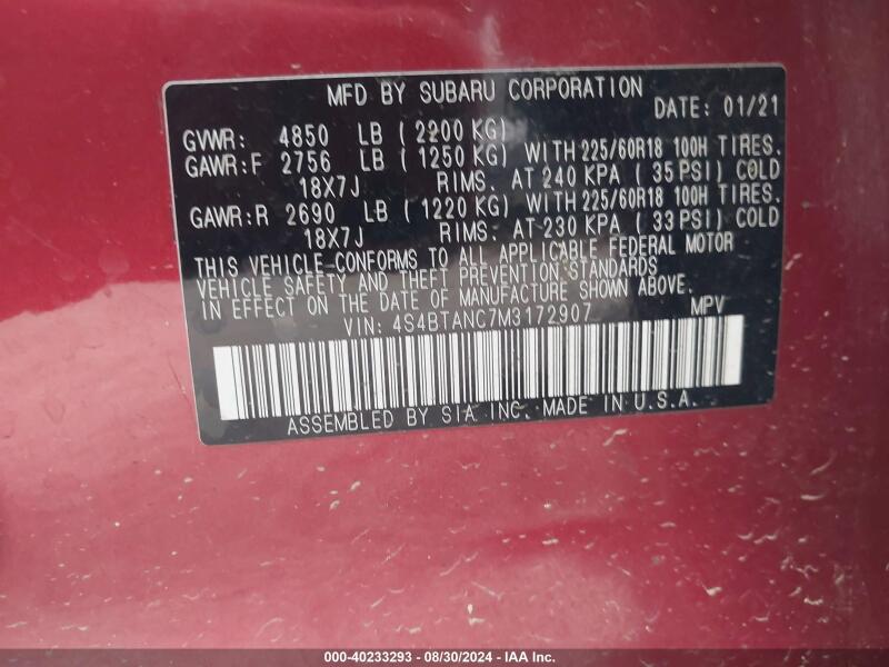 2021 SUBARU OUTBACK LIMITED - 4S4BTANC7M3172907 | SeoVin.biz