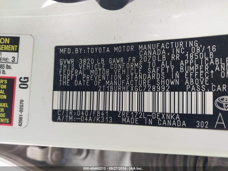 2016 TOYOTA COROLLA LE - 2T1BURHEXGC728992 | SeoVin.biz