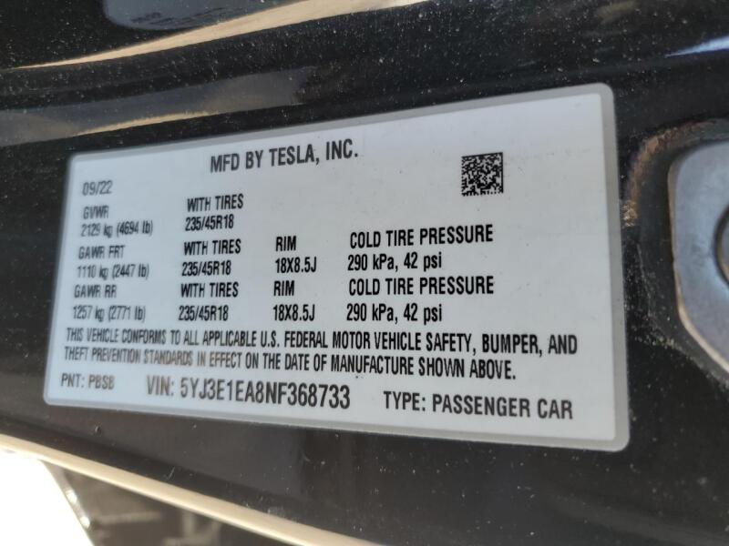 2022 TESLA MODEL 3 - 5YJ3E1EA8NF368733 | SeoVin.biz