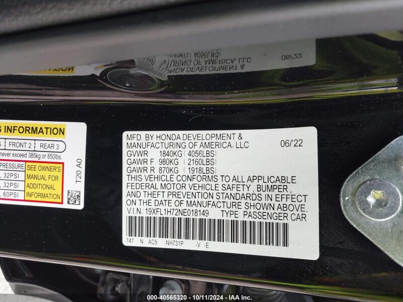 2022 HONDA CIVIC EX-L - 19XFL1H72NE018149 | SeoVin.biz