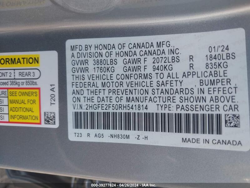 2024 HONDA CIVIC SPORT - 2HGFE2F50RH541814 | SeoVin.biz