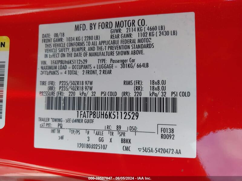 2019 FORD MUSTANG ECOBOOST PREMIUM - 1FATP8UH6K5112529 | SeoVin.biz