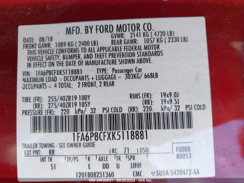 2019 FORD MUSTANG GT PREMIUM - 1FA6P8CFXK5118881 | SeoVin.biz