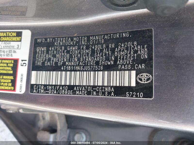 2018 TOYOTA CAMRY LE - 4T1B11HK6JU577526 | SeoVin.biz