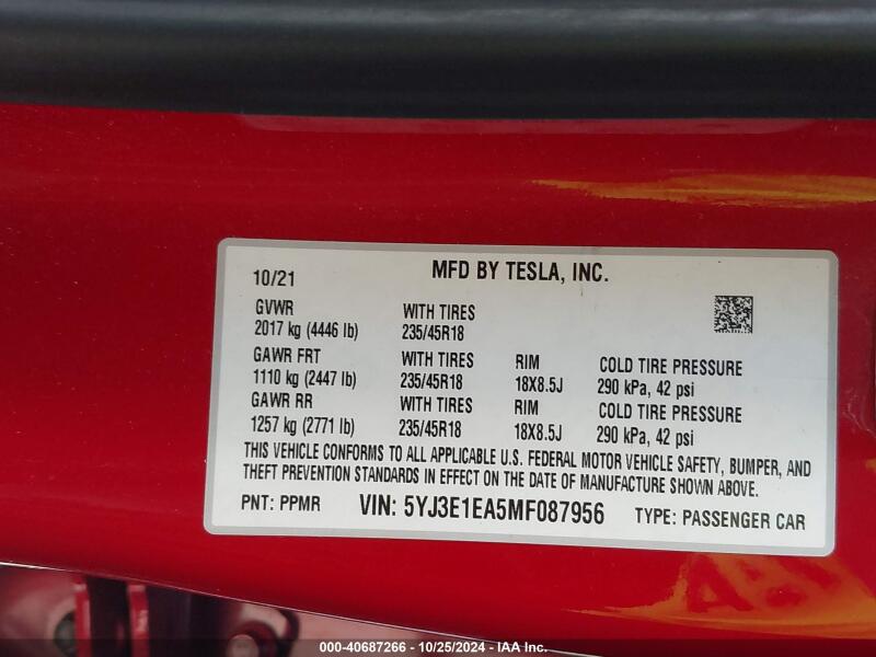 2021 TESLA MODEL 3 STANDARD RANGE PLUS REAR-WHEEL DRIVE - 5YJ3E1EA5MF087956 | SeoVin.biz