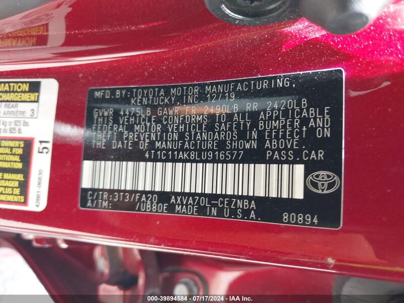 2020 TOYOTA CAMRY LE - 4T1C11AK8LU916577 | SeoVin.biz