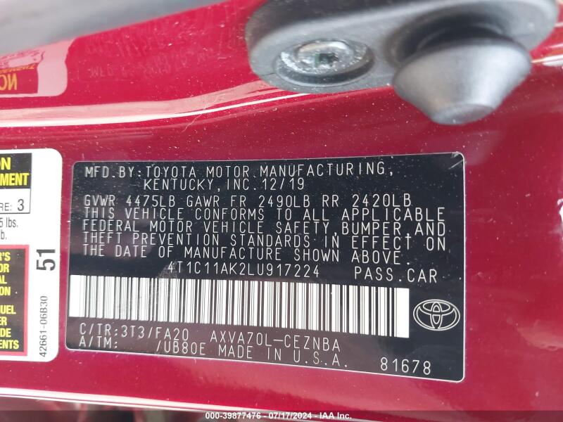 2020 TOYOTA CAMRY LE - 4T1C11AK2LU917224 | SeoVin.biz