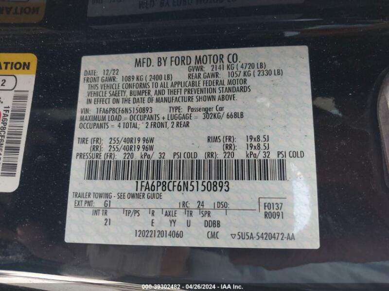 2022 FORD MUSTANG GT FASTBACK - 1FA6P8CF6N5150893 | SeoVin.biz