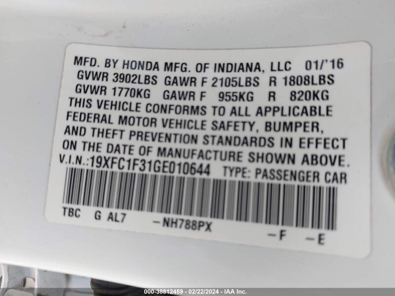 2016 HONDA CIVIC EX-T - 19XFC1F31GE010644 | SeoVin.biz