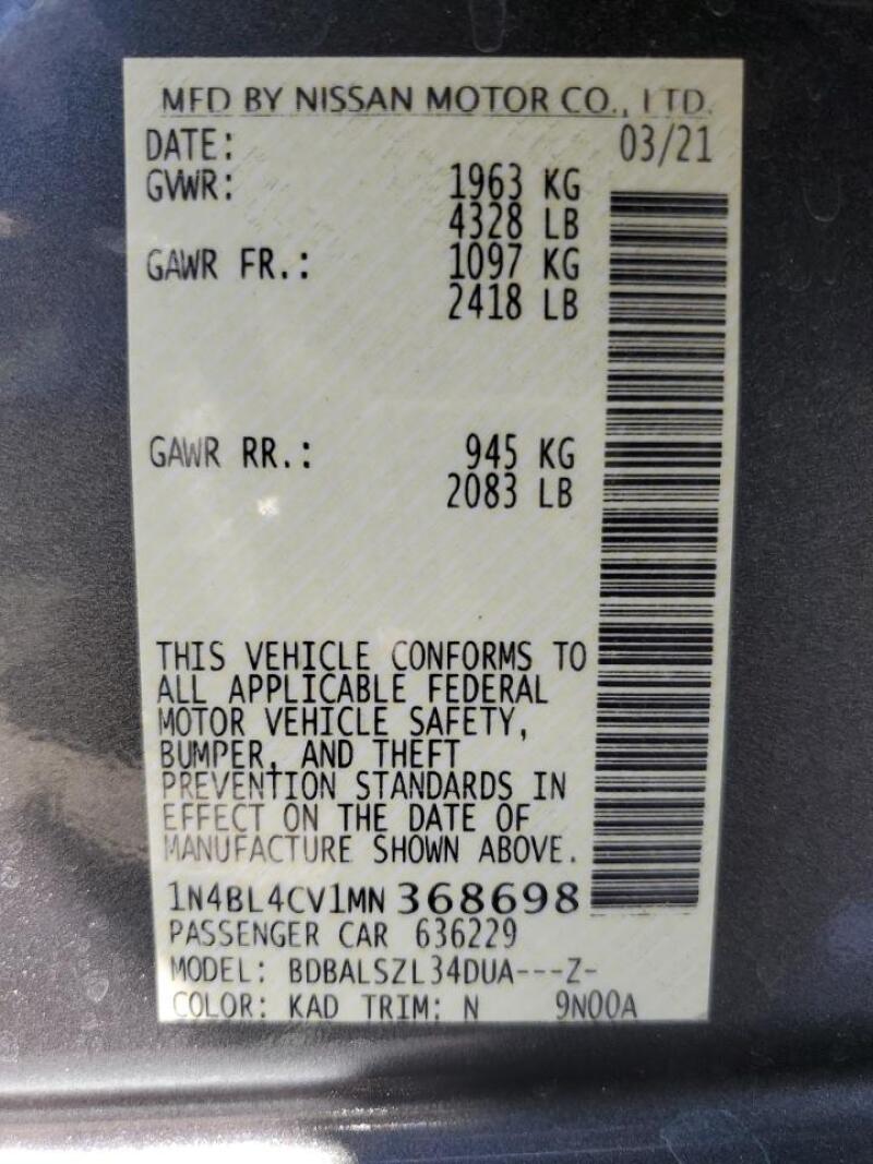 2021 NISSAN ALTIMA SR - 1N4BL4CV1MN368698 | SeoVin.biz