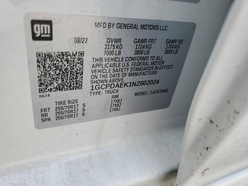 2022 CHEVROLET SILVERADO K1500 - 1GCPDAEK1NZ602024 | SeoVin.biz