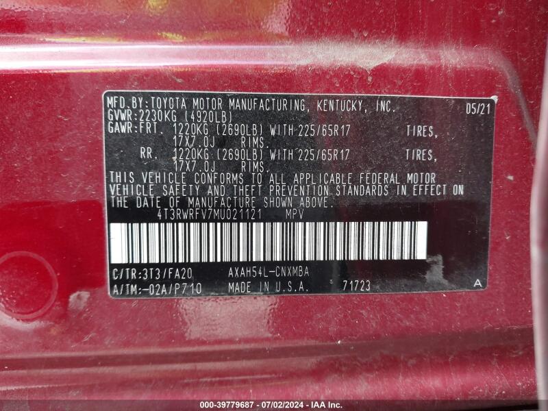 2021 TOYOTA RAV4 HYBRID XLE - 4T3RWRFV7MU021121 | SeoVin.biz