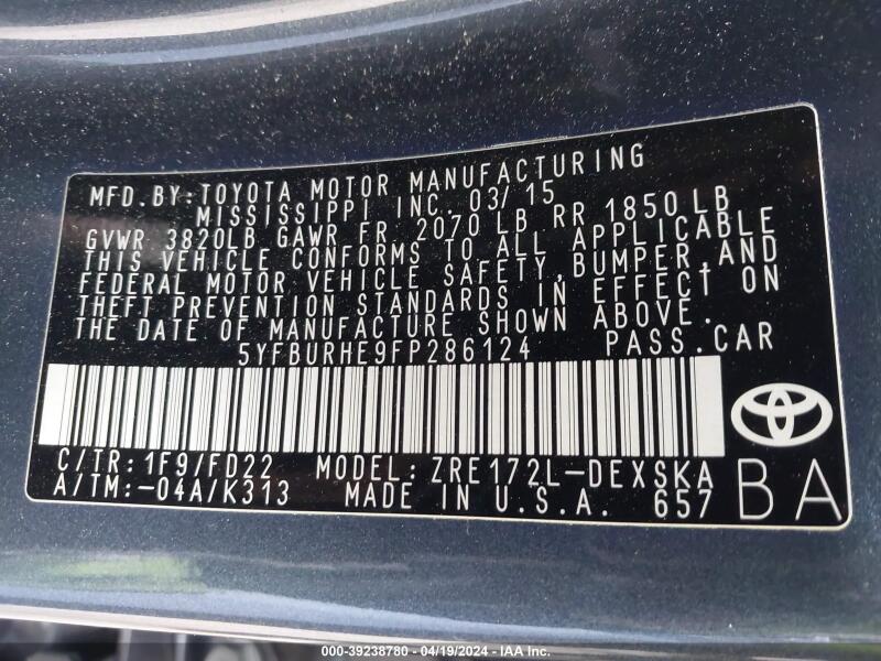 2015 TOYOTA COROLLA S PLUS - 5YFBURHE9FP286124 | SeoVin.biz