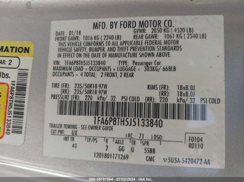 2018 FORD MUSTANG ECOBOOST - 1FA6P8TH5J5133840 | SeoVin.biz