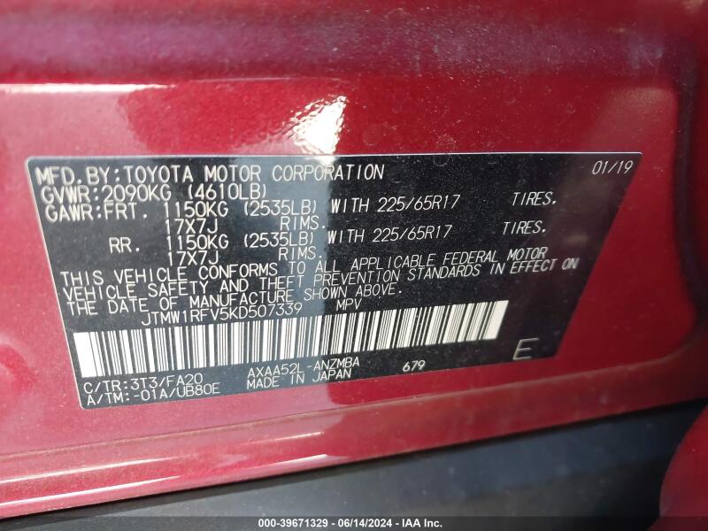 2019 TOYOTA RAV4 XLE - JTMW1RFV5KD507339 | SeoVin.biz