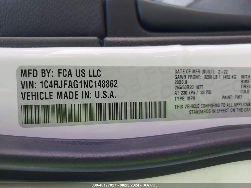 2022 JEEP GRAND CHEROKEE WK LAREDO X 4X4 - 1C4RJFAG1NC148862 | SeoVin.biz