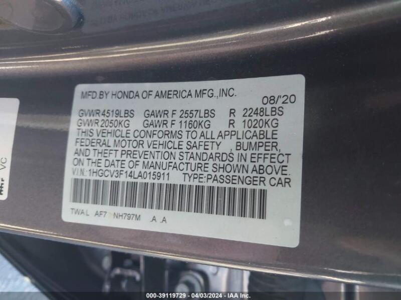 2020 HONDA ACCORD HYBRID - 1HGCV3F14LA015911 | SeoVin.biz