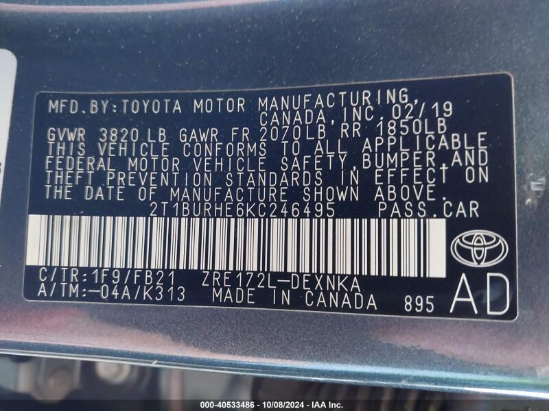 2019 TOYOTA COROLLA LE - 2T1BURHE6KC246495 | SeoVin.biz