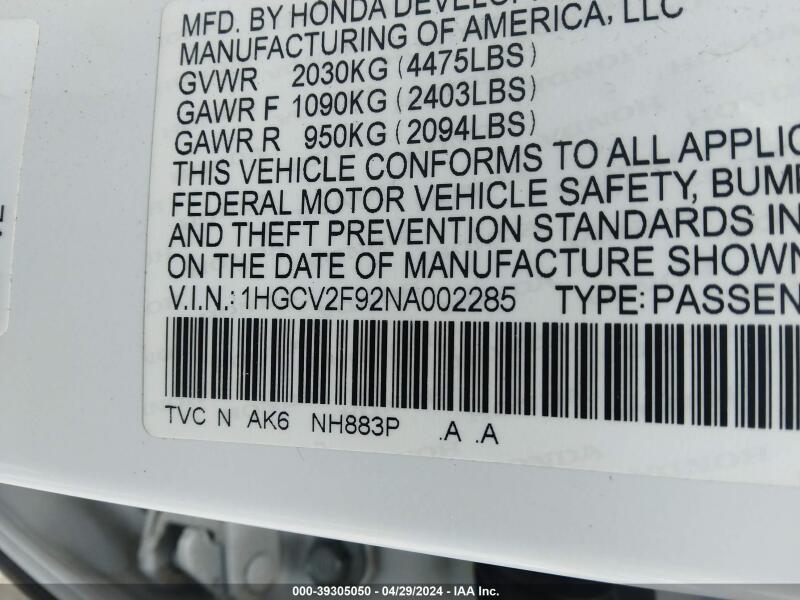 2022 HONDA ACCORD TOURING - 1HGCV2F92NA002285 | SeoVin.biz