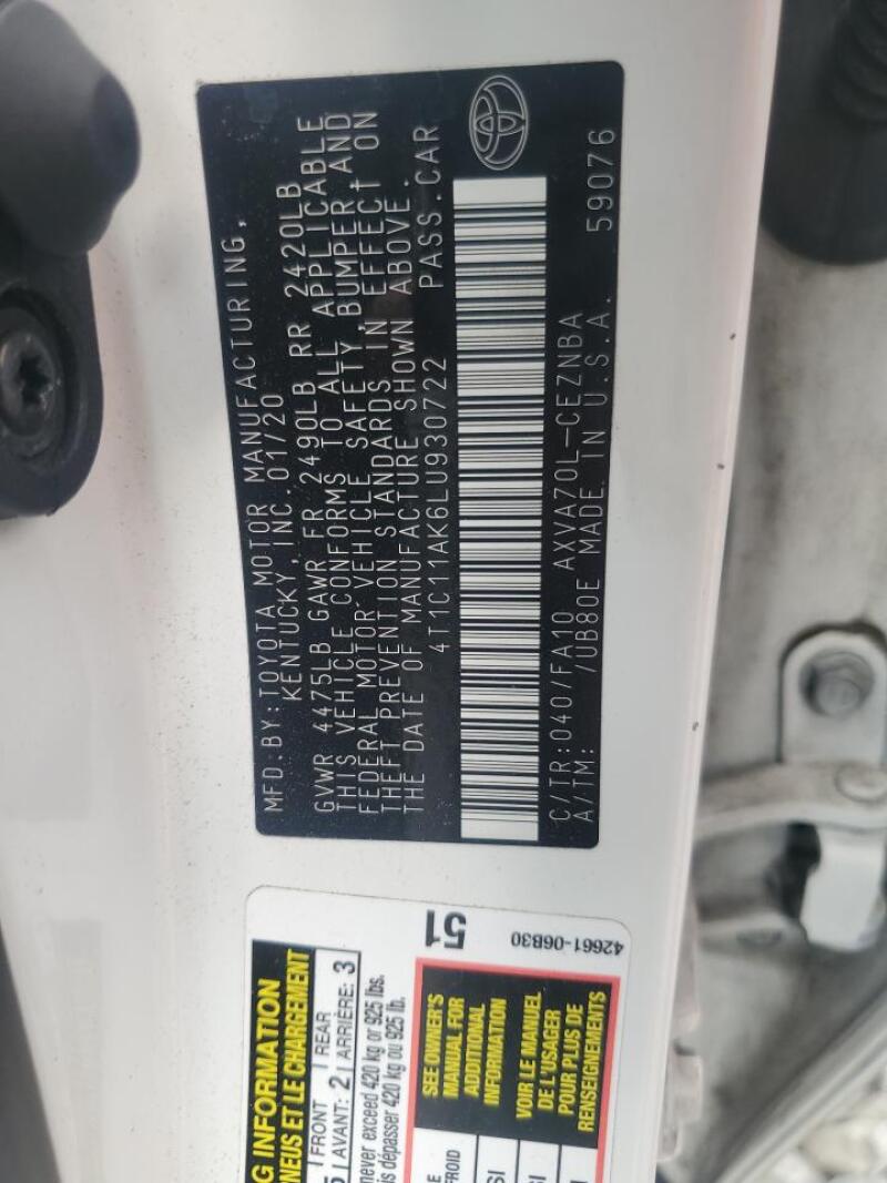 2020 TOYOTA CAMRY LE - 4T1C11AK6LU930722 | SeoVin.biz