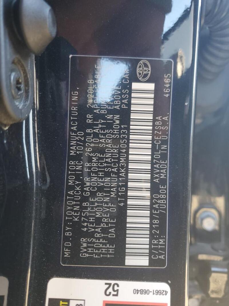 2021 TOYOTA CAMRY SE - 4T1G11AK3MU405331 | SeoVin.biz