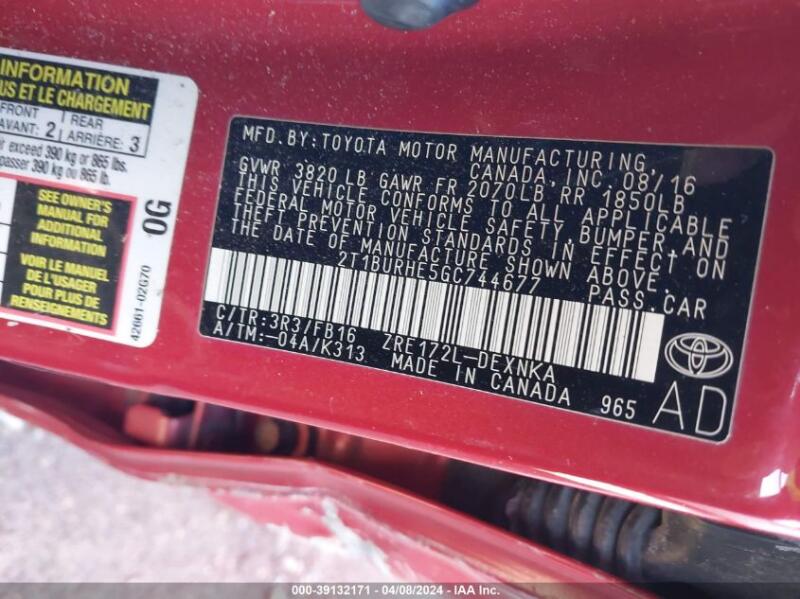 2016 TOYOTA COROLLA LE PLUS - 2T1BURHE5GC744677 | SeoVin.biz