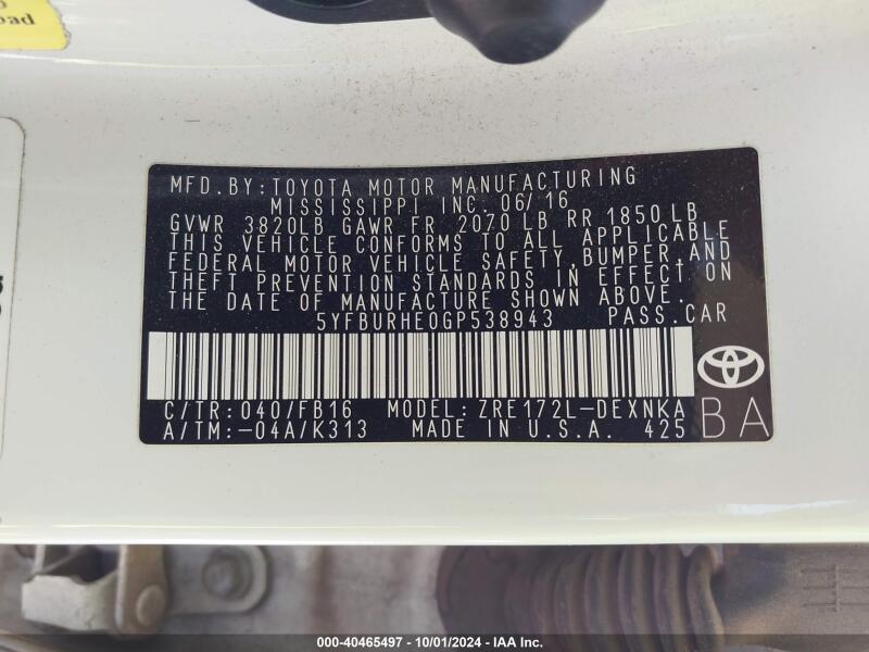 2016 TOYOTA COROLLA LE - 5YFBURHE0GP538943 | SeoVin.biz