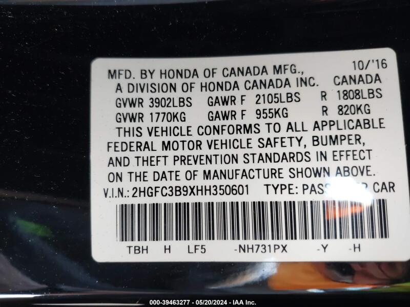 2017 HONDA CIVIC TOURING - 2HGFC3B9XHH350601 | SeoVin.biz