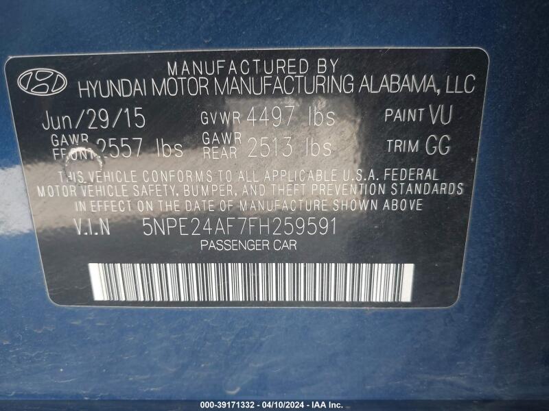 2015 HYUNDAI SONATA SE - 5NPE24AF7FH259591 | SeoVin.biz