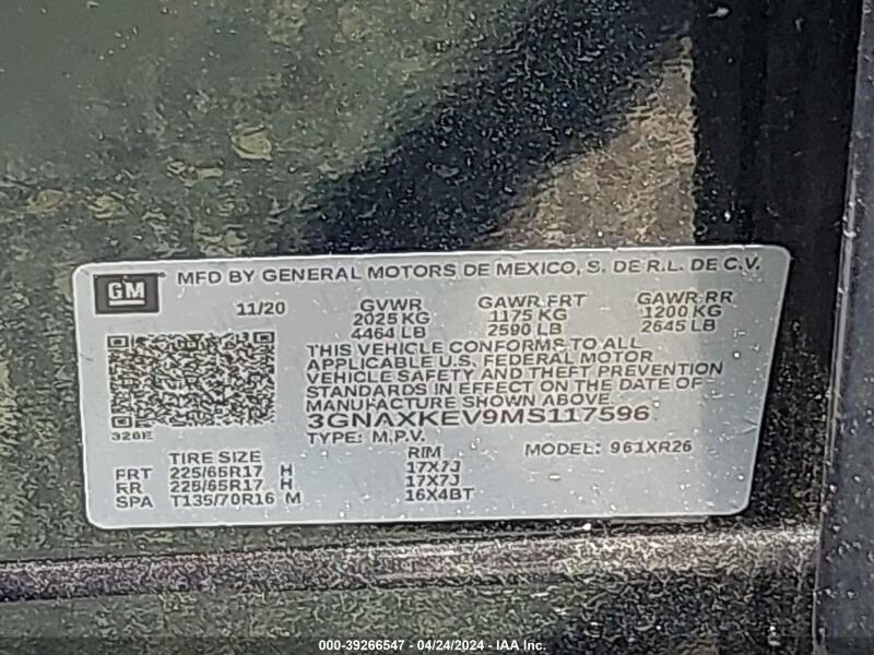 2021 CHEVROLET EQUINOX FWD LT - 3GNAXKEV9MS117596 | SeoVin.biz