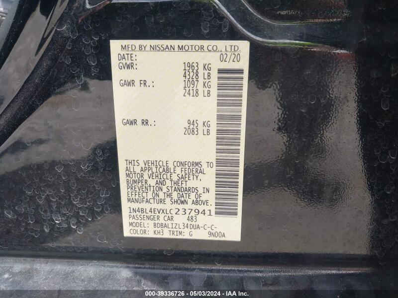 2020 NISSAN ALTIMA SL FWD - 1N4BL4EVXLC237941 | SeoVin.biz